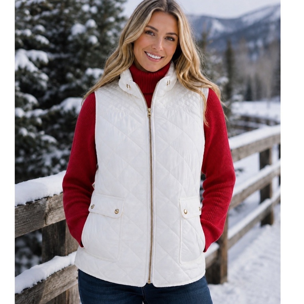 Crown & Ivy Cream Quilted Puffer Vest Gold Zip Pockets sz XXL Winter